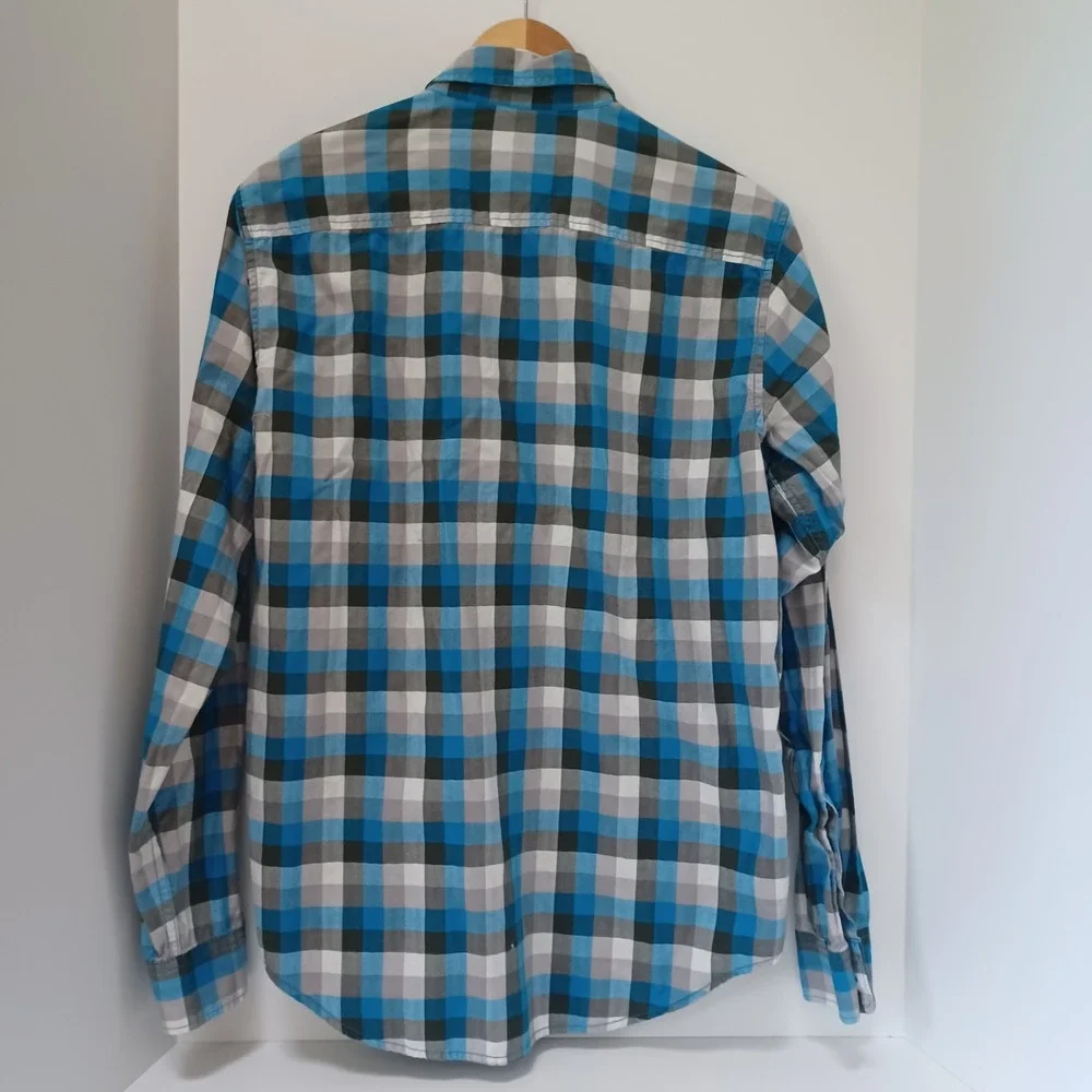Timberland Shirt Mens Med Slim Fit Blue White Gray Plaid Long Sleeve Button Down